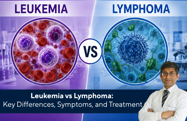 Leukemia vs lymphoma comparison showing blood cancer cells, key differences, symptoms, and treatment